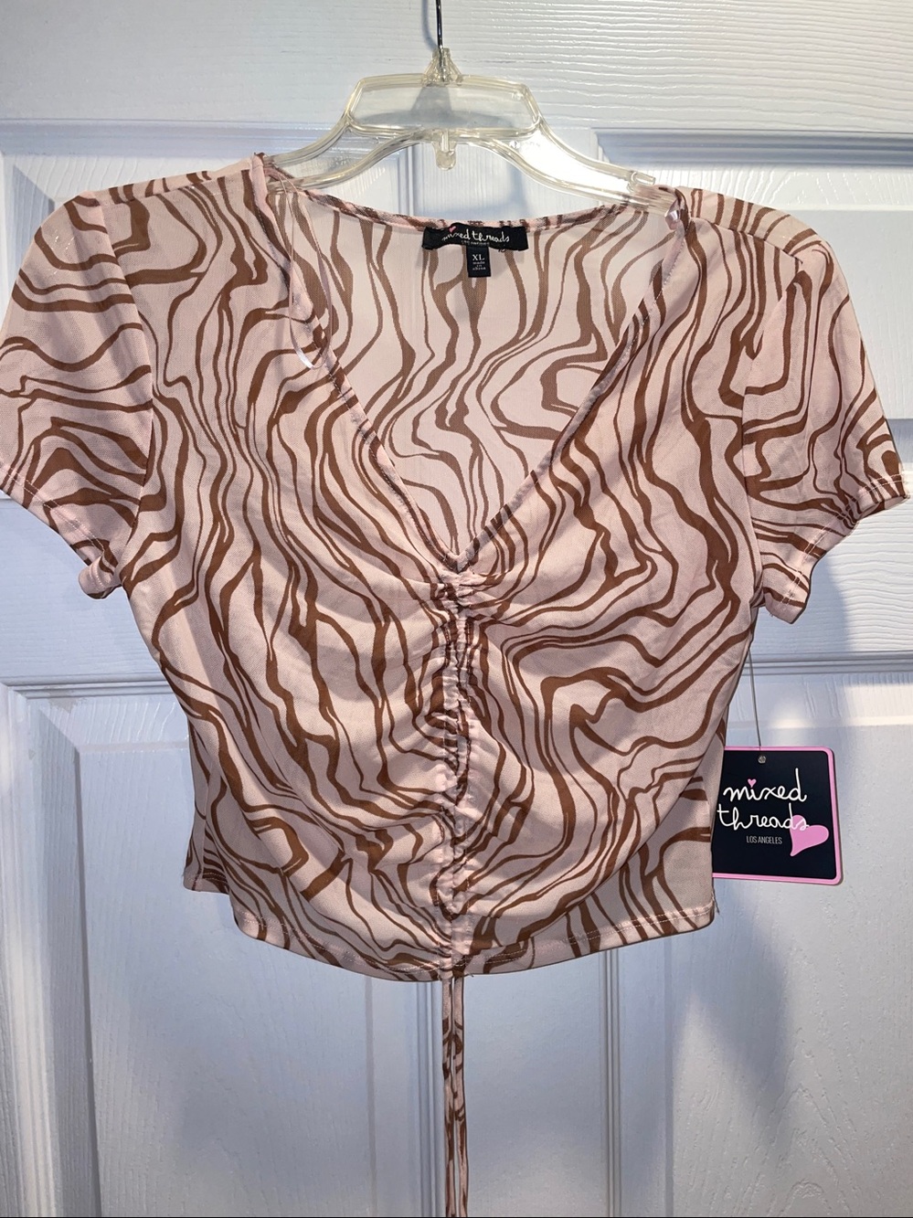 Mixed Threads Pink Brown Ruched V-Neck Crop Top